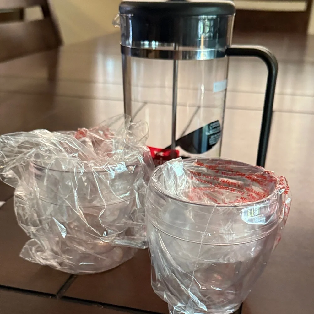 New in Box Bodum Bistro Set with Black Coffee Maker and Tumblers
